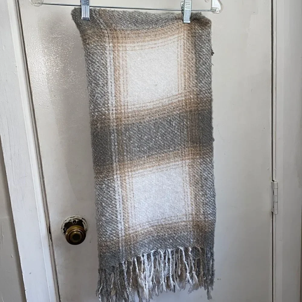 BUCKLE Grey Tan and White Plaid Fringe Blanket-NWT